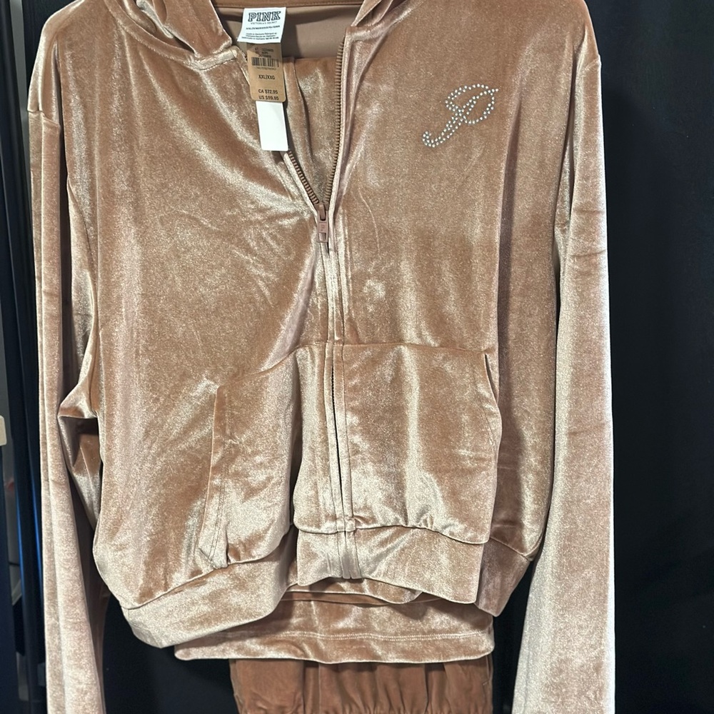 PINK Victoria's Secret Velour (Champagne Track Pants )and (Zip Up Sweatshirt )